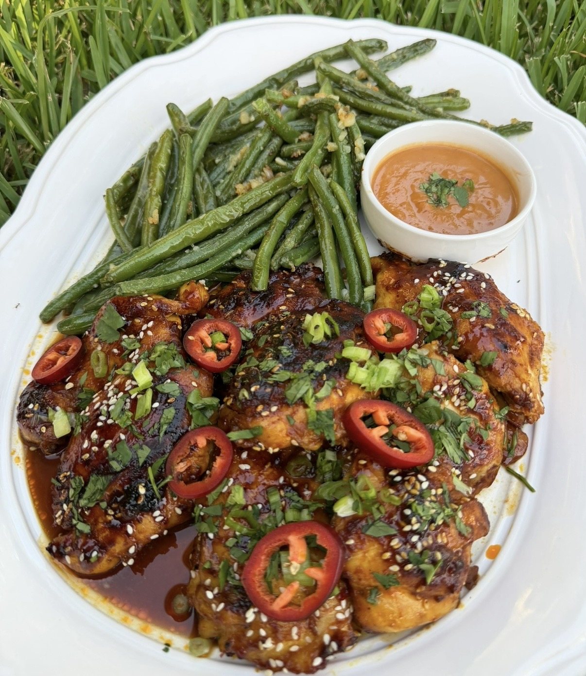 A plated meal of glazed chicken, green beans, and dipping sauce on grass