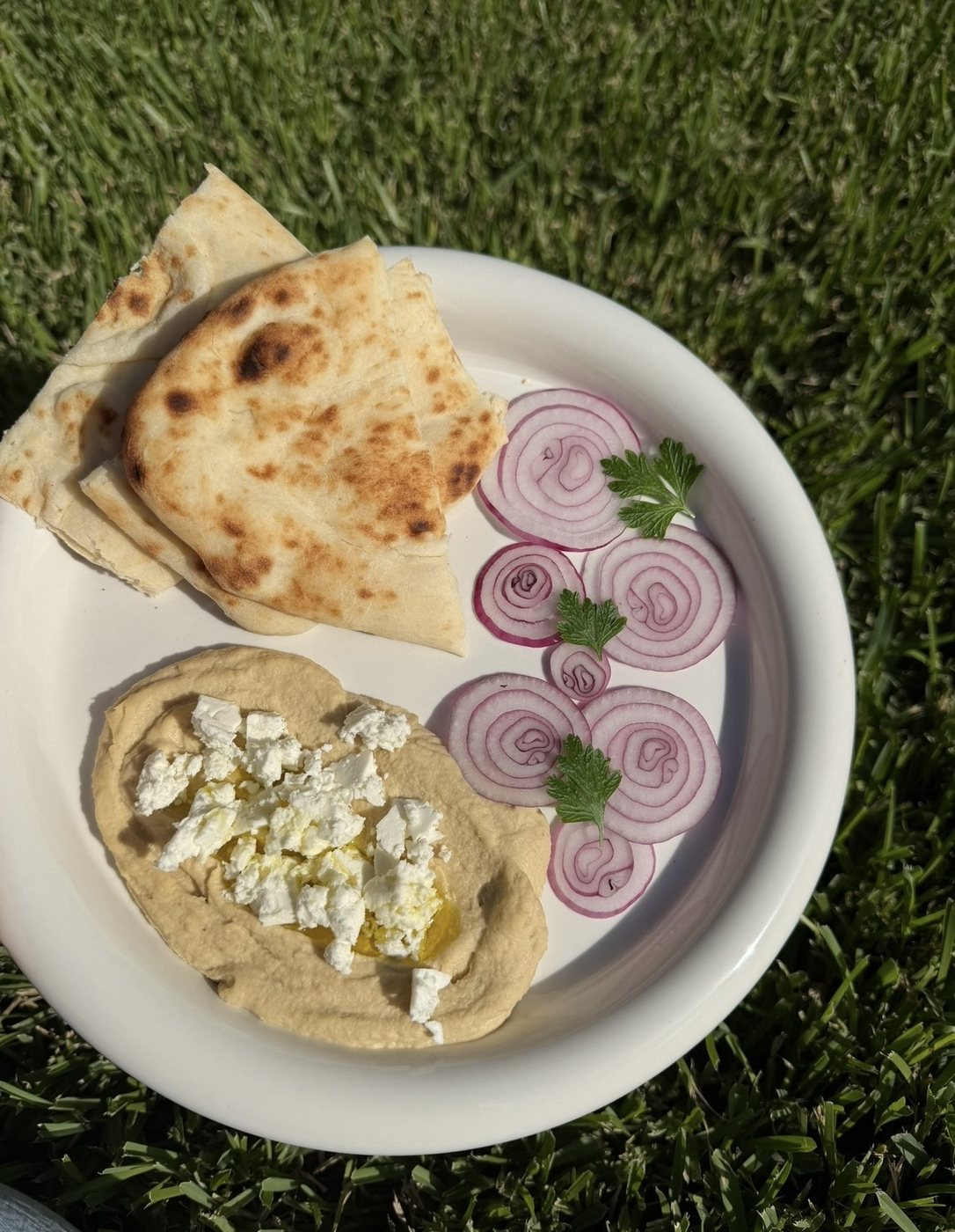 Hummus with feta, red onion, and toasted flatbread on a white plate